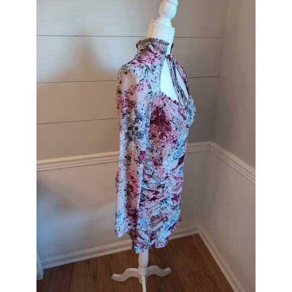 Pretty Little Thing Pink Floral Mini Dress Women's Sz 8 Long Sleeve Lined Ruched - Picture 10 of 16